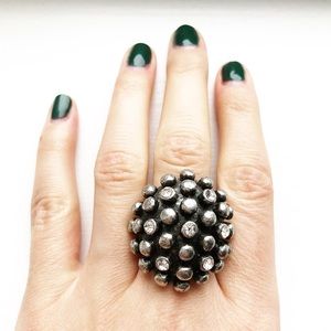 Chunky silver & rhinestone coral globe ring